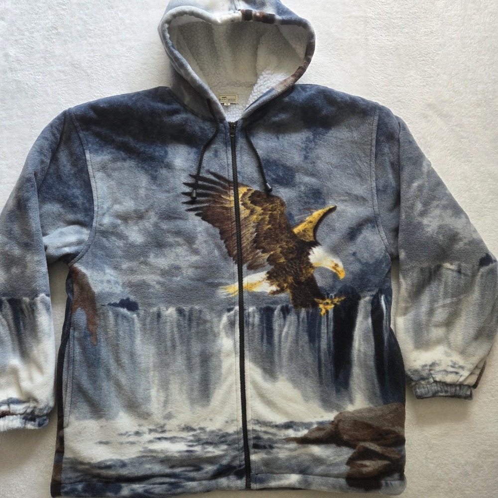 Black Canyon Eagle Hoodie Men XL Sherpa Fleece Nature Waterfall Full Zip Blue